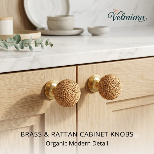 𝑽𝒆𝒍𝒎𝒊𝒐𝒓𝒂™ Spherical Brass & Rattan Cabinet Knobs (Set of 4)