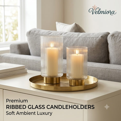 𝑽𝒆𝒍𝒎𝒊𝒐𝒓𝒂™ Ribbed Glass & Brass Pillar Candleholders (Set of 2)