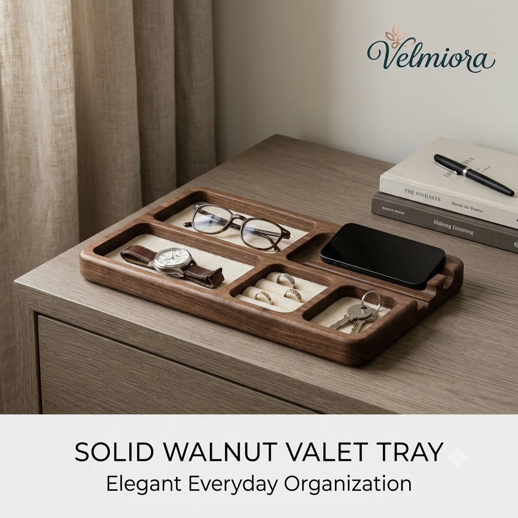 𝑽𝒆𝒍𝒎𝒊𝒐𝒓𝒂™ Solid Walnut Valet Tray & Key Caddy
